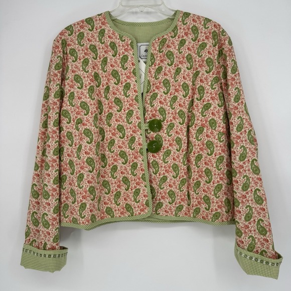 Jackets & Blazers - Handmade Women's Jacket Hand Quilted Paisley Green Gingham‎ Trim Button Large